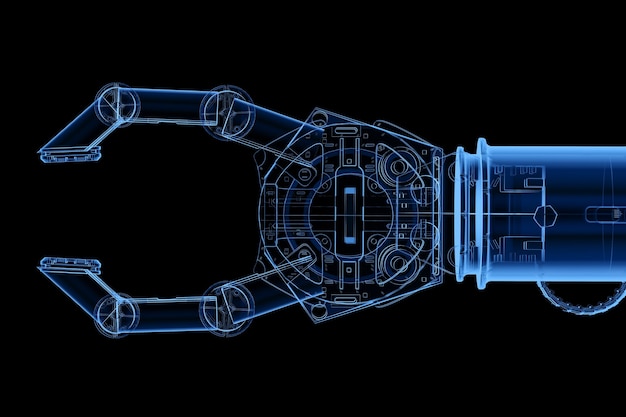 Concetto di fabbrica di automazione con braccio robotico a raggi x di rendering 3d isolato su nero