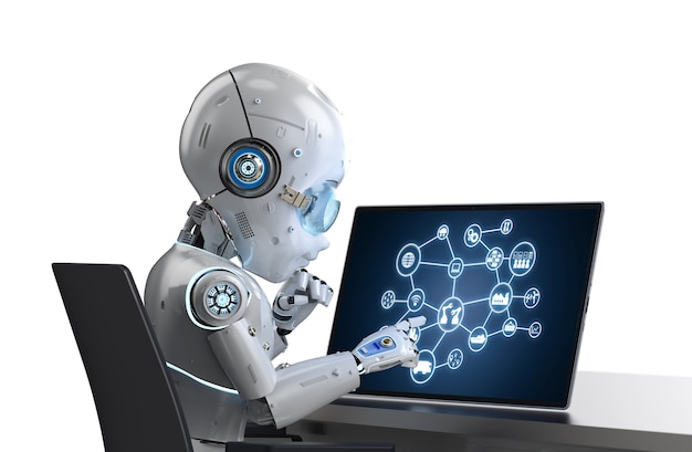 Concetto di fabbrica di automazione con robot di rendering 3d che lavora con il notebook del computer in fabbrica