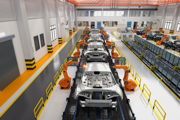 Concetto di fabbrica di automobili di automazione con linea di assemblaggio robot di rendering 3d nella fabbrica di automobili