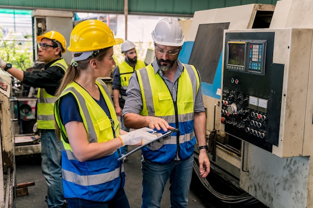 Concetto di fabbrica industriale. Ingegneria con tecnico e operaio operante e manutentore di macchinari.