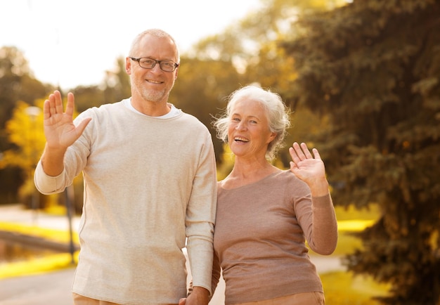 concetto di famiglia, età, turismo, gesto e persone - coppia senior che agita le mani nel parco cittadino