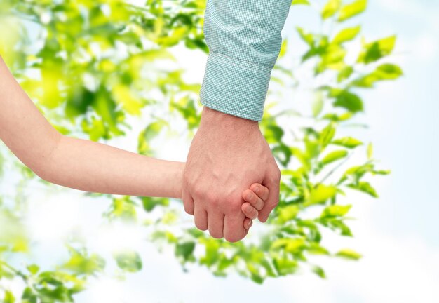 concetto di famiglia, infanzia, paternità e persone - padre e figlio che si tengono per mano su sfondo verde naturale