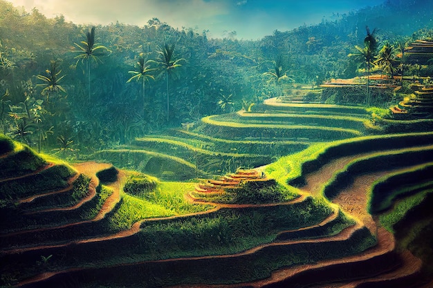 Concetto di fantasia che mostra le famose terrazze di riso Jatiluwih sulla vista dello skyline in stile arte digitale di Bali