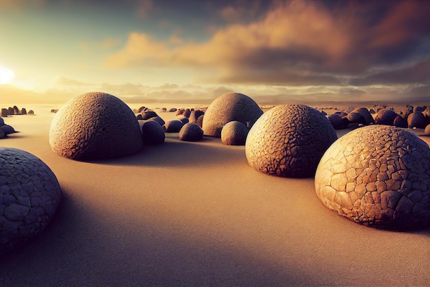 Concetto di fantasia che mostra un Moeraki Boulders Nuova Zelanda Strani massi sferici costeggiano la riva