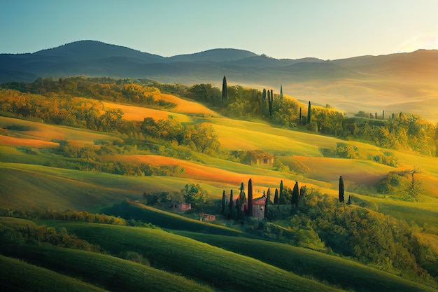 Concetto di fantasia che mostra una Toscana Italia La terra delle dolci colline riccamente colorate e del lusso antico