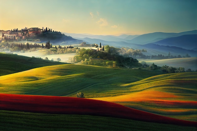 Concetto di fantasia che mostra una Toscana Italia La terra delle dolci colline riccamente colorate e del lusso antico