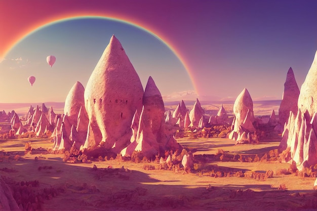 Concetto di fantasia che mostra uno skyline di vista laterale orizzontale della pittura di arte digitale della Cappadocia Turchia