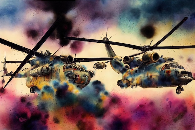 Concetto di fantasia di elicottero militare al tramonto orizzontale vista laterale skyline Pastell colori arte digitale stile illustrazione pittura