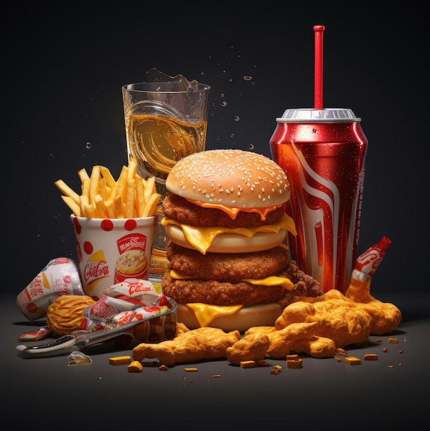 Concetto di fast food Assortimento di fast food