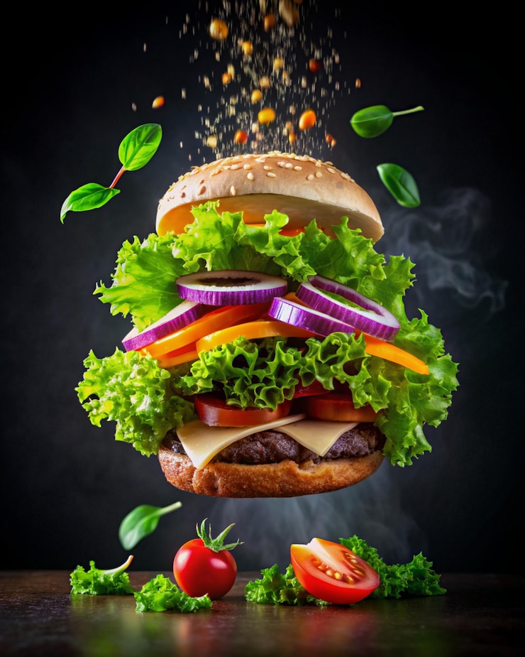 Foto concetto di fast food con ingredienti di hamburger volanti foto 4k hd