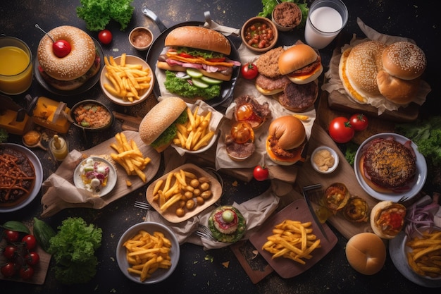 Concetto di fast food Set di hamburger cheeseburger patatine fritte verdure e salse su sfondo scuro Tanti deliziosi fast food in vista dall'alto su un tavolo AI generato