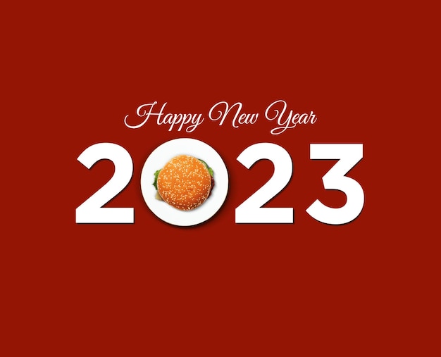 Concetto di felice anno nuovo hamburger. Forma di hamburger isolata sulla tipografia dell'iscrizione del nuovo anno 2023.