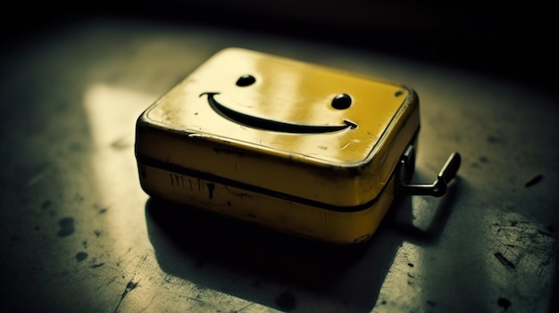 Concetto di felicità scatola imoji gialla sorridente sdraiata su cemento IA generato