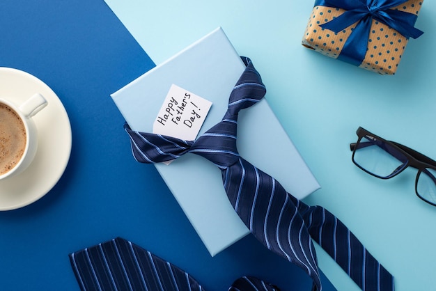 Concetto di festa del papà Foto vista dall'alto di scatole regalo cravatta blu bicchieri da cartolina e tazza di caffè sul piattino su sfondo blu bicolore