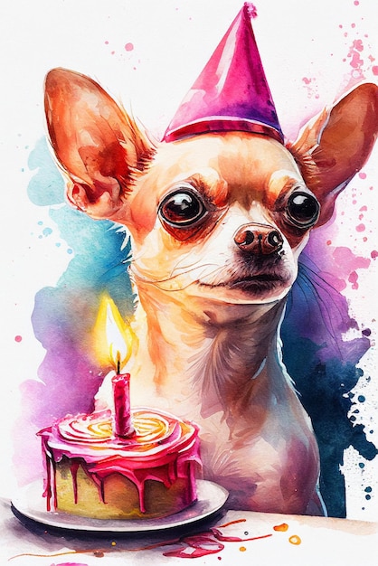 Concetto di festa di compleanno del cane Carino cane Chihuahua con torta festiva Illustrazione generativa colorata dell'acquerello AI