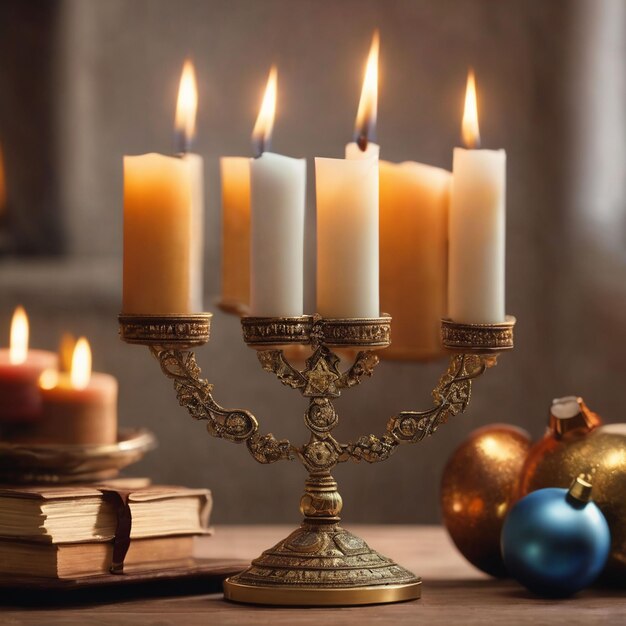 concetto di festa religiosa ebraica hanukkah con scintillante lampadario tradizionale menorah