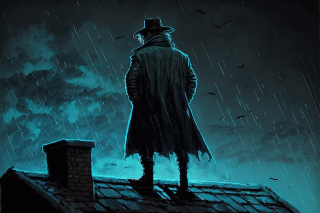 Concetto di film noir che mostra il detective che tiene una pistola alla testa e in piedi sul tetto durante la notte piovosa illustrazione in stile arte digitale pittura concetto di fantasia di un detective con la pistola