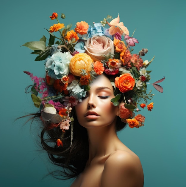 Concetto di fiori estivi Un assortimento di fiori colorati sulla testa di una donna