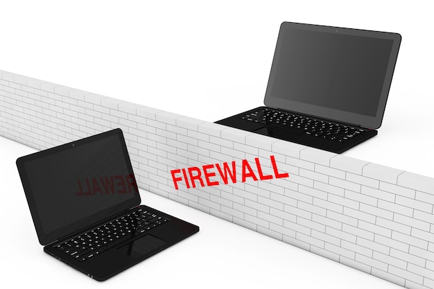 Concetto di firewall. Firewall Muro di mattoni tra due computer portatili di sicurezza su uno sfondo bianco. Rendering 3D