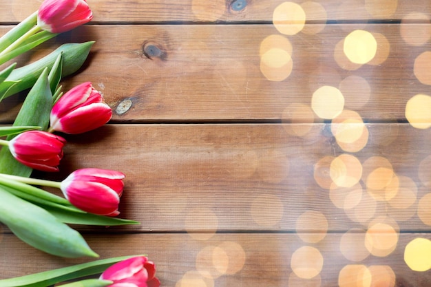 concetto di flora, giardinaggio e pianta - primo piano di fiori di tulipano rosso su tavolo di legno con spazio per la copia
