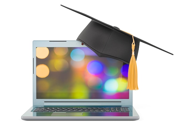 Concetto di formazione online Laptop con tappo di laurea rendering 3D isolato su sfondo bianco