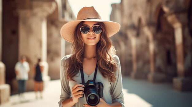 Concetto di fotografo per hobby Ritratto di stile di vita all'aperto di una giovane donna carina nella città del sole in Europa con spazio per la copia di viaggio della fotocamera per il testo