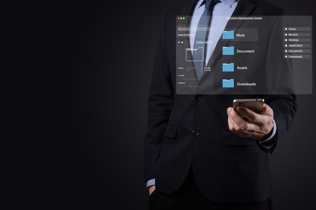 Concetto di gestione dei documenti Icone dello schermo virtuale Sistema di gestione dei documenti DMS Software di database di documenti online per l'archiviazione efficiente, ricerca e gestione di file e dati aziendali