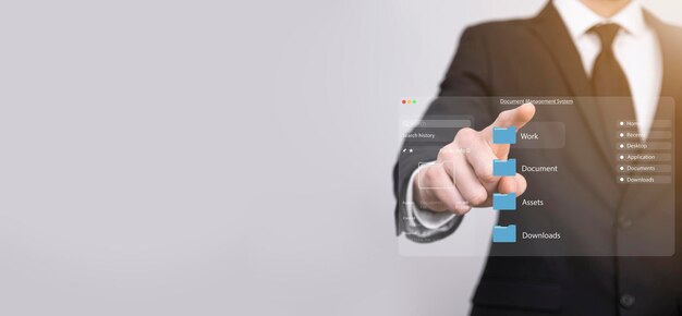 Concetto di gestione dei documenti Icone dello schermo virtuale Sistema di gestione dei documenti DMS Software di database di documenti online per l'archiviazione efficiente, ricerca e gestione di file e dati aziendali