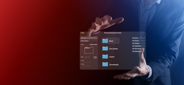 Concetto di gestione dei documenti Icone dello schermo virtuale Sistema di gestione dei documenti DMS Software di database di documenti online per l'archiviazione efficiente, ricerca e gestione di file e dati aziendali