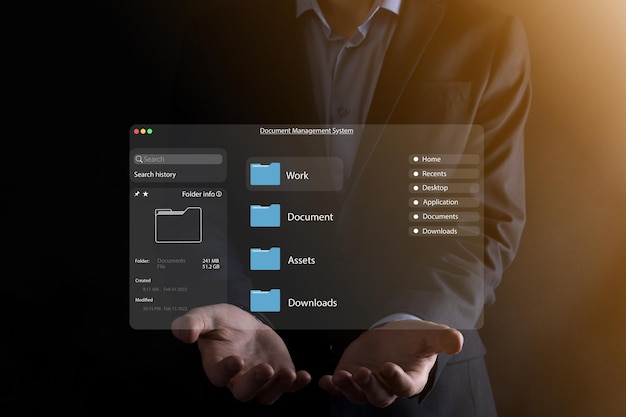 Concetto di gestione dei documenti Icone dello schermo virtuale Sistema di gestione dei documenti DMS Software di database di documenti online per l'archiviazione efficiente, ricerca e gestione di file e dati aziendali