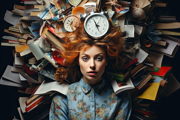 Concetto di gestione del tempo con donna seduta tra libri e orologi in stile collage