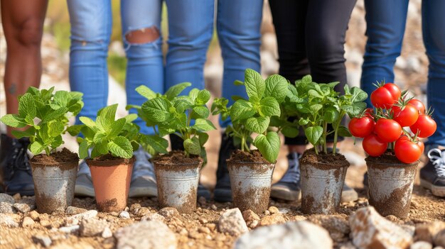 Concetto di giardinaggio comunitario con volontari che piantano piantine di verdure