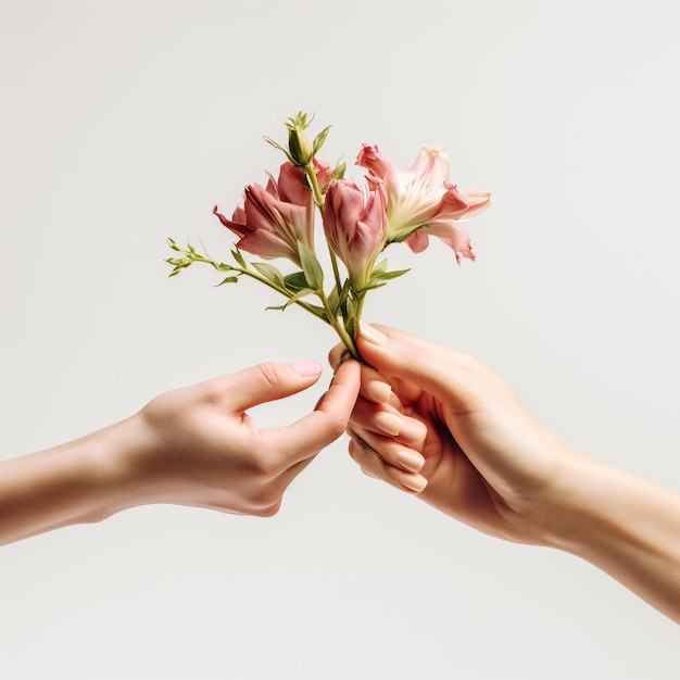 Concetto di giornata della donna con due mani che tengono fiori su sfondo bianco