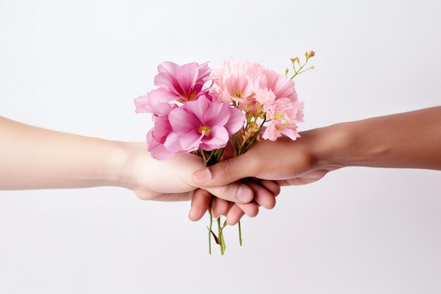 Concetto di giornata della donna con due mani che tengono fiori su sfondo bianco
