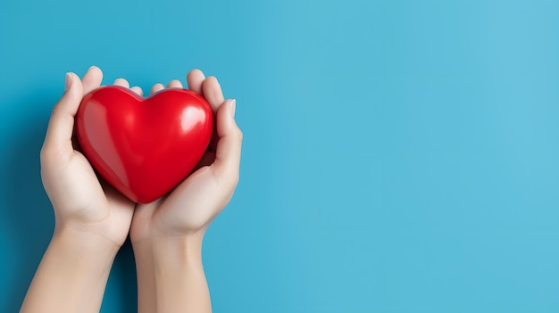 Concetto di Giornata mondiale del cuore con le mani che tengono il cuore rosso