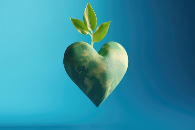 Concetto di giornata mondiale della terra con cuore di pianta verde su sfondo blu