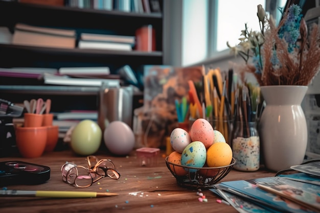 Concetto di giorno di Pasqua in scrivania con dolci coniglietti o uovo decorativo colorato Decorazione pasquale sul tavolo