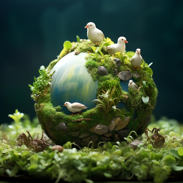 Concetto di globo in miniatura del pianeta terra verde della pace che mostra un verde pacifico e la vita del pollame degli animali