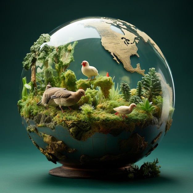 Concetto di globo in miniatura del pianeta terra verde della pace che mostra un verde pacifico e la vita del pollame degli animali