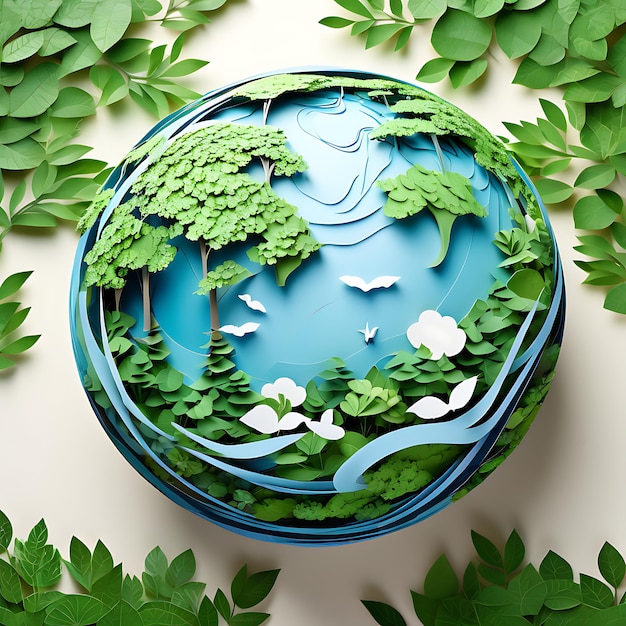 Concetto di globo piatto 3D con albero verde e colore blu