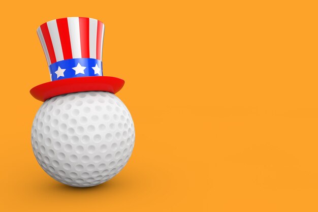 Concetto di golf degli Stati Uniti. Pallina da golf con cappello USA su uno sfondo giallo 3d Rendering