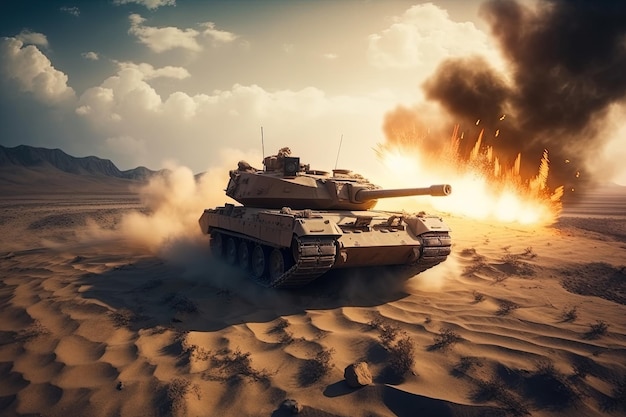 Concetto di guerra Carro armato militare nel deserto al tramonto IA generativa