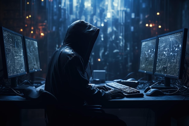 Concetto di guerra informatica per hacker con cappuccio del Dark Web