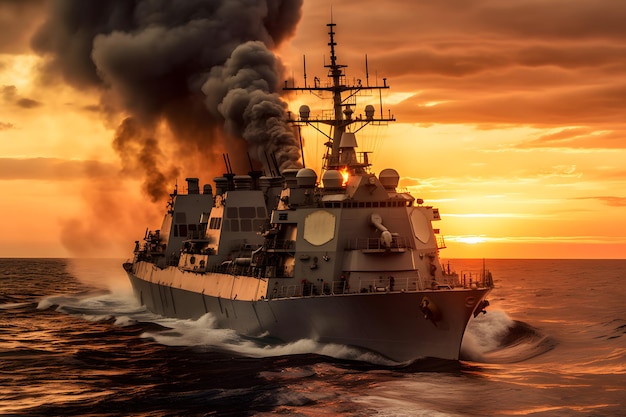 Concetto di guerra Scena di battaglia notturna in mare nave da guerra in fiamme Rete neurale AI generata