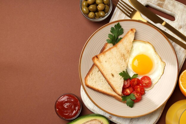 Concetto di gustosa colazione su sfondo marrone