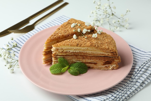 Concetto di gustoso dessert con torta al miele da vicino