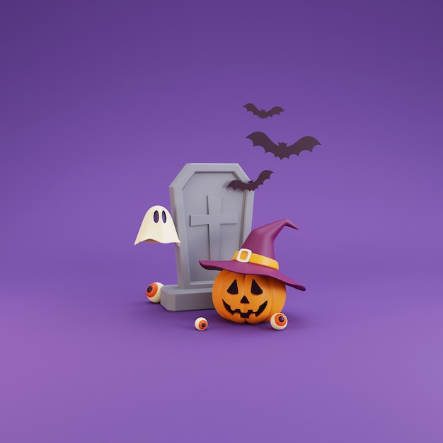 Concetto di Halloween felice, personaggio delle zucche che indossa cappello da strega, pietre tombali, bulbo oculare, fantasma, bat.on viola background.3d rendering.