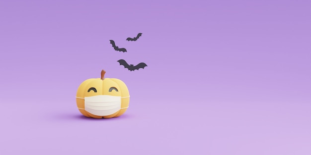 Concetto di Halloween felice, personaggio delle zucche che indossa una maschera bianca con spazio di copia su sfondo viola. Rendering 3d.