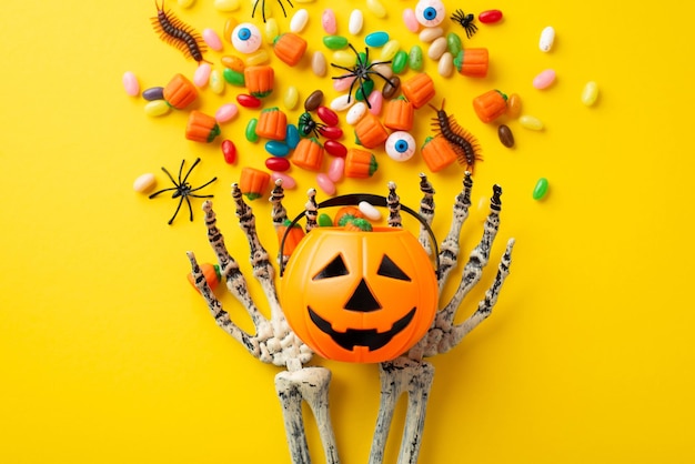 Concetto di Halloween Foto dall'alto delle mani scheletriche che tengono il cesto di zucca con caramelle occhi millepiedi e ragni su sfondo giallo isolato