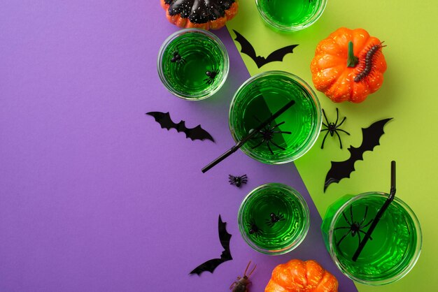 Concetto di Halloween Foto vista dall'alto di bicchieri con bevanda verde ragni galleggianti punch bat sagome zucche millepiedi e scarafaggio su sfondo bicolore viola e verde pastello con copyspace